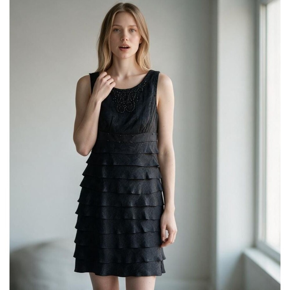 Adrianna Papell Womens Size 10 Black Cocktail Formal Evening Tiered Ruffle Dress